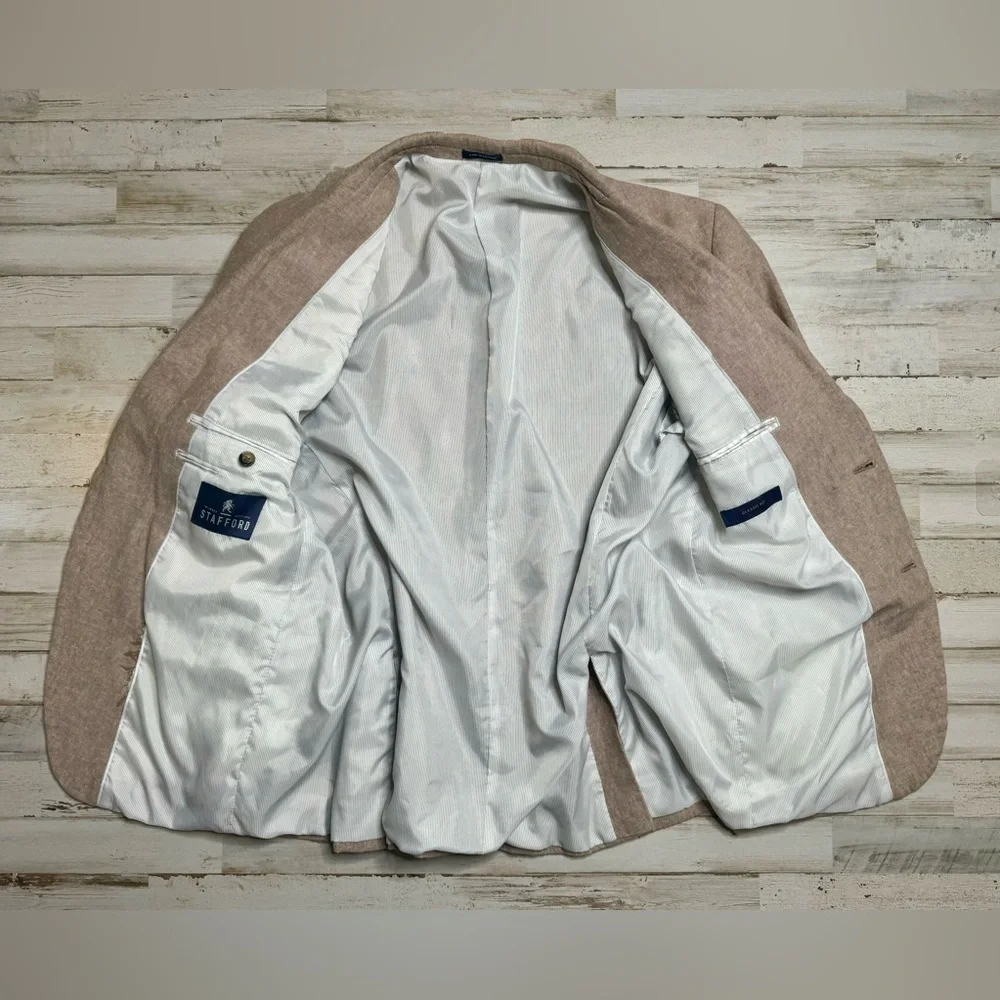 Stafford Mens Linen Blend Sport Coat Classic Fit Blazer Beige Mens 42R - Picture 9 of 12